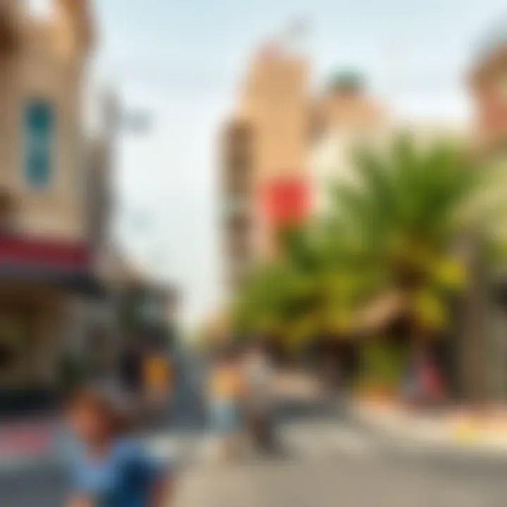 Vibrant streets of a neighborhood with hotel options