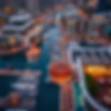 A stunning aerial view of Dubai Marina showcasing vibrant dining options along the waterfront.