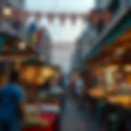 A vibrant street food market in Jumeirah showcasing colorful stalls