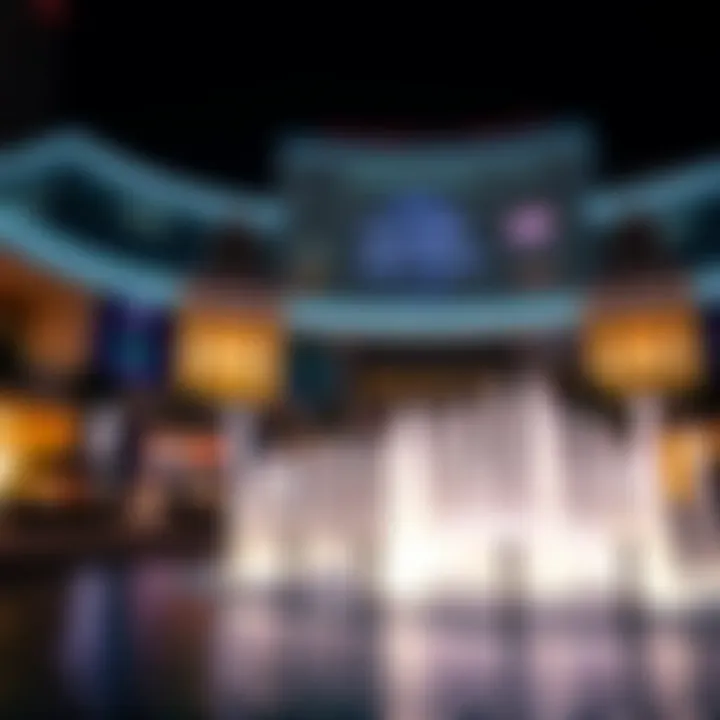 Architectural view of the Dubai Mall Fountain at night