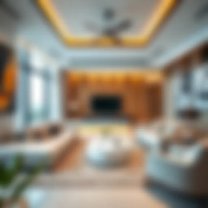 Modern living room of a 1BHK apartment in Al Qusais showcasing contemporary design