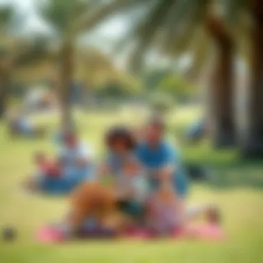 Families enjoying recreational activities such as picnicking and playing in Al Bateen Park.