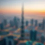 Panoramic view of Al Mansour Tower against Dubai skyline