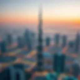 Panoramic view of Al Mansour Tower against Dubai skyline