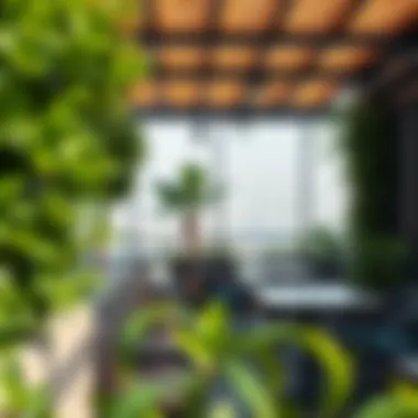 Outdoor Seating Area with City View Outdoor seating area with lush greenery and city skyline