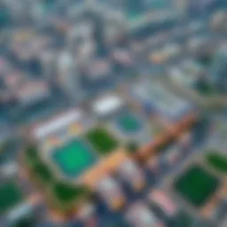 Aerial view of Dubai Sports City showcasing its layout and nearby facilities