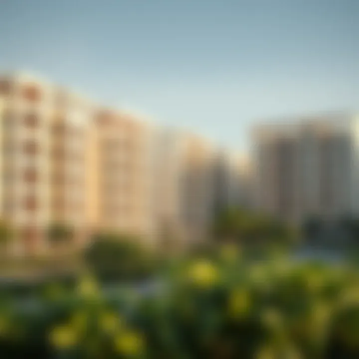 Contemporary Residences in Dubai Sports City Modern residential buildings in Dubai Sports City with lush green surroundings