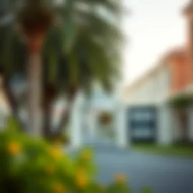 An elegant park gate within a vibrant Dubai neighborhood