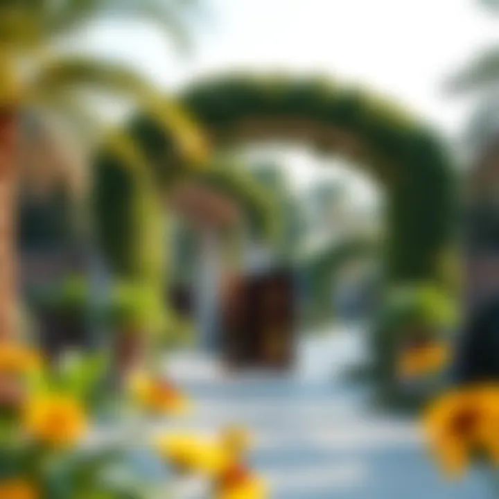 A lush park entrance that blends nature and urban life