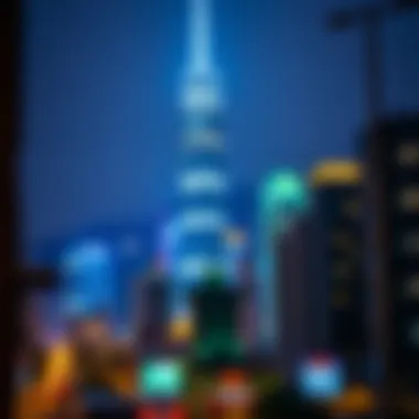 Illuminated Cityscape Featuring Metropolis Tower Vibrant cityscape with Metropolis Tower illuminated at night