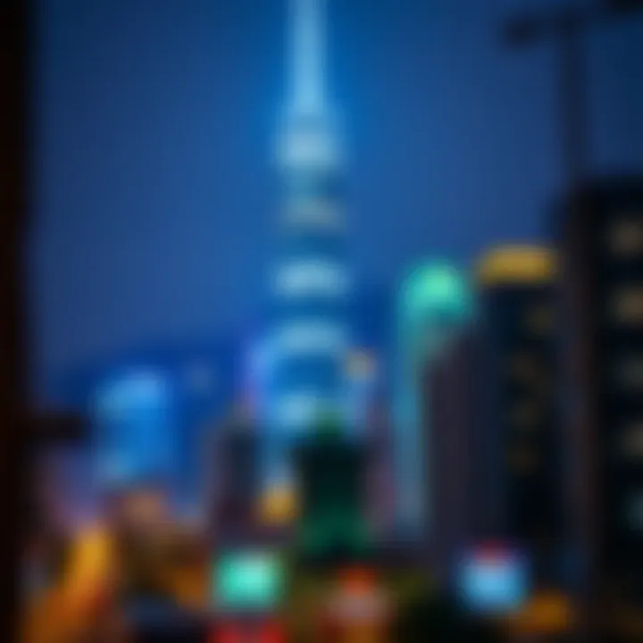 Illuminated Cityscape Featuring Metropolis Tower Vibrant cityscape with Metropolis Tower illuminated at night
