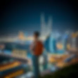 Panoramic view of Dubai skyline at night with illuminated skyscrapers