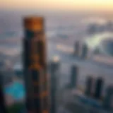 Aerial view of the Onyx Tower showcasing its striking architectural design against the Dubai skyline