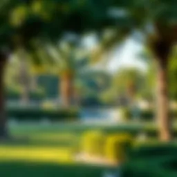 A serene view of a lush park in Dubai with greenery and walking paths