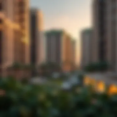 Luxury residential buildings in Dubai Sports City surrounded by green spaces