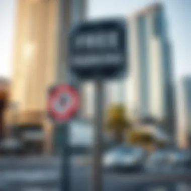 Urban landscape with free parking signs