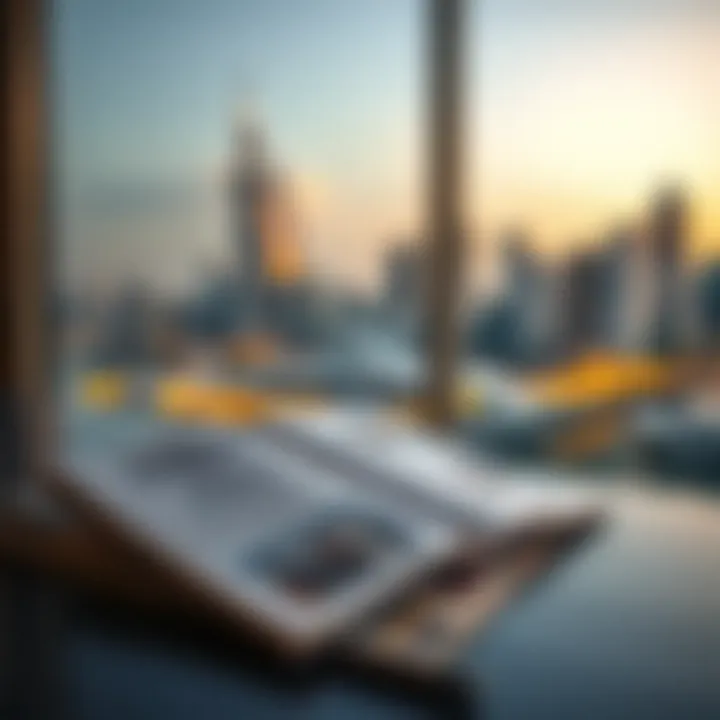 Guidebook open on a table with UAE skyline in background