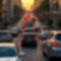 A bustling Dubai street filled with cars on a Sunday morning