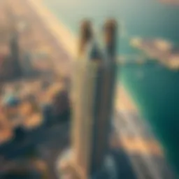 Aerial view showcasing Oasis Tower 2's striking architecture against Dubai's skyline