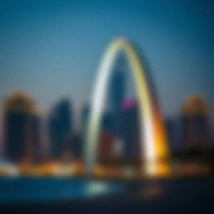 Dubai Skyline at Dusk with The Arch Evening skyline of Dubai featuring The Arch illuminated at dusk