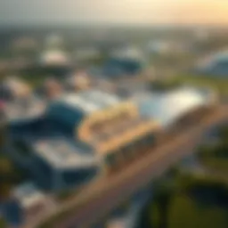 Aerial view of Meydan showcasing its modern architecture and lush greenery