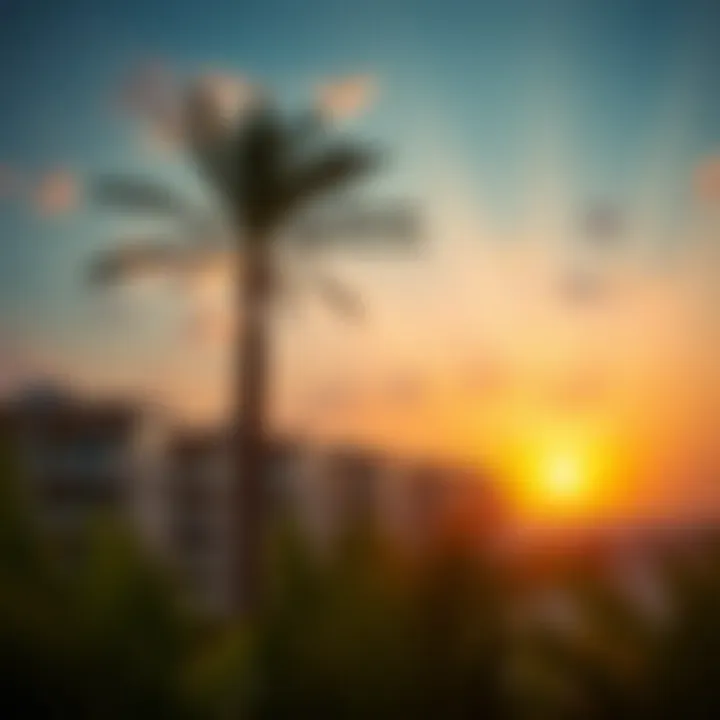 Breathtaking Sunset Over Palm Jumeirah Properties Sunset view of luxury beachfront properties on Palm Jumeirah