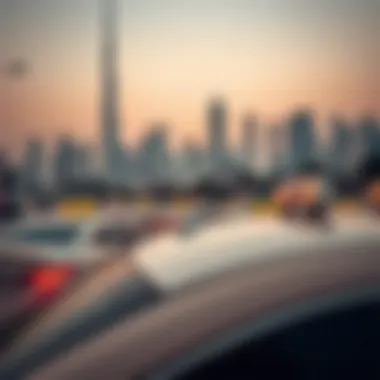 Taxis Against the Dubai Skyline Dubai skyline with taxis
